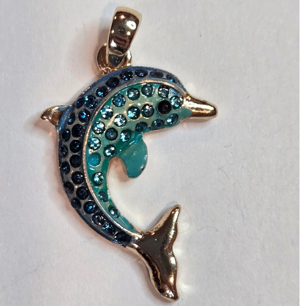 Gold Tone Blue Teal Enamel Rhinestone Dolphin Pendant Necklace 18 Inch Ocean - Picture 4 of 6